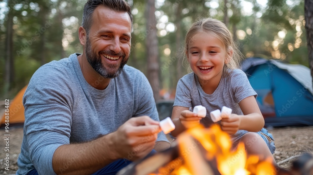 A joyful father and daughter are enjoying roasting marshmallows by a campfire, creating unforgettable memories and bonding time during an outdoor camping adventure. A joyful father and daughter are enjoying roasting marshmallows by a campfire, creating unforgettable memories and bonding time during an outdoor camping adventure.