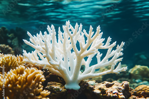 White coral surrounded by colorful marine life under clear ocean water, showcasing underwater beauty and natural sea formations. photo