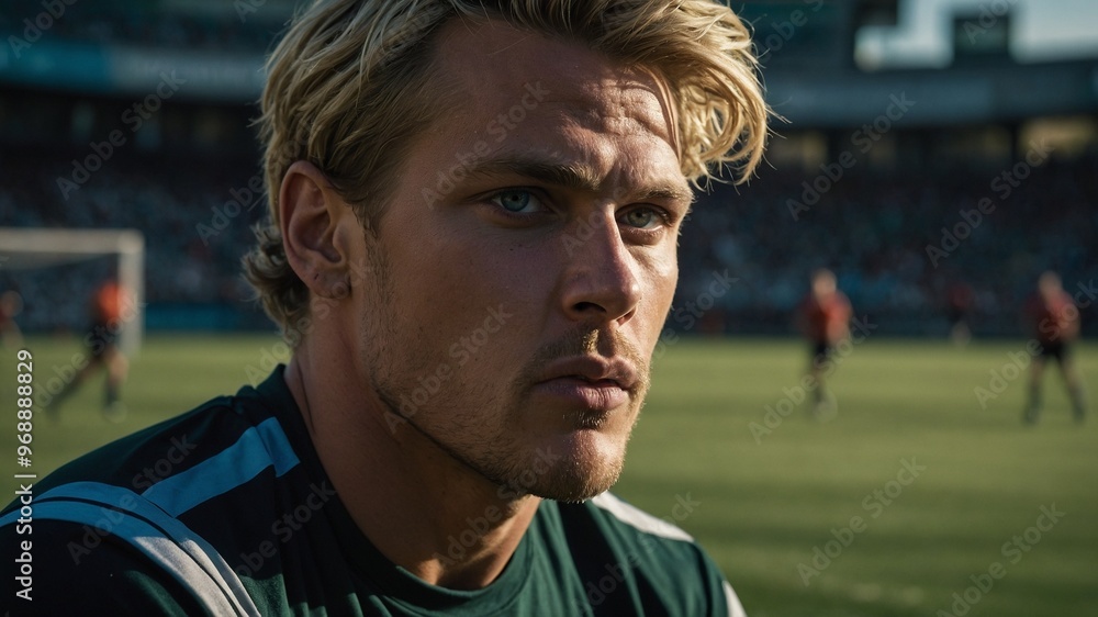 25-year-old Caucasian male with short blonde hair and blue eyes, wearing green soccer jersey, standing on soccer field 25-year-old Caucasian male with short blonde hair and blue eyes, wearing green soccer jersey, standing on soccer field