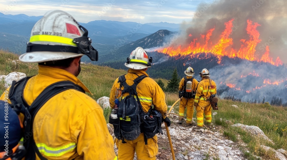 A team of firefighters in yellow uniforms courageously confront a large wildfire blazing across a mountainous landscape, demonstrating bravery and determination. A team of firefighters in yellow uniforms courageously confront a large wildfire blazing across a mountainous landscape, demonstrating bravery and determination.