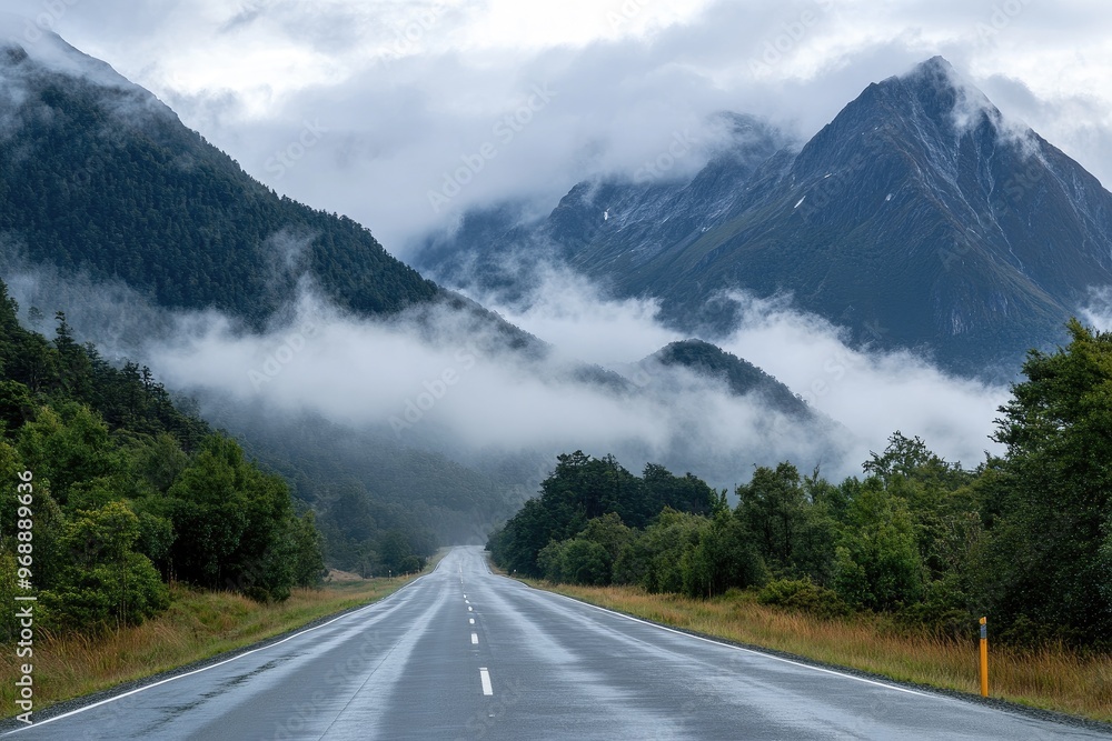 Fototapeta premium A winding road through misty mountains, surrounded by lush green forests and dramatic peaks, inviting adventure and exploration.