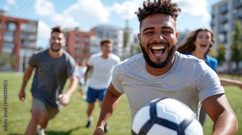 A jubilant man in a t-shirt holds a soccer ball close to the camera while his friends in the background smile and play, depicting camaraderie and the thrill of outdoor sports.