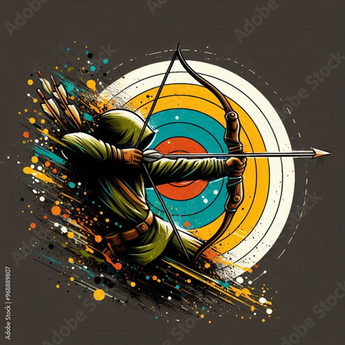 Archery target with dynamic arrows and explosive color splashes

