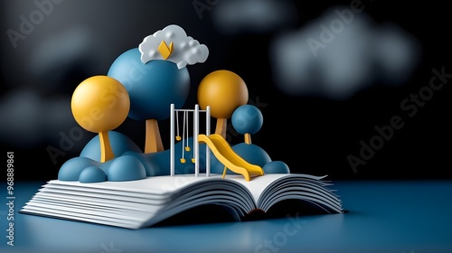 An open book with a huge school playground emerging from it on a blue background with swings, slides, and monkey bars. A conceptual composition. High resolution photography, a detailed hyper-realistic photo