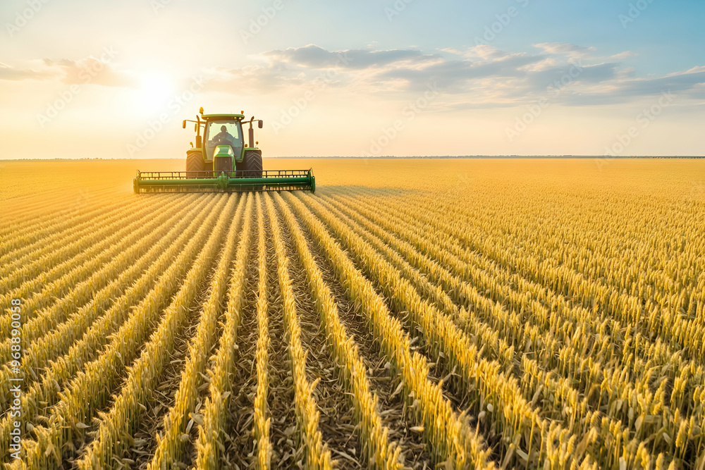 Modern Tractor Harvesting Wheat in Golden Field at Sunset Modern Tractor Harvesting Wheat in Golden Field at Sunset