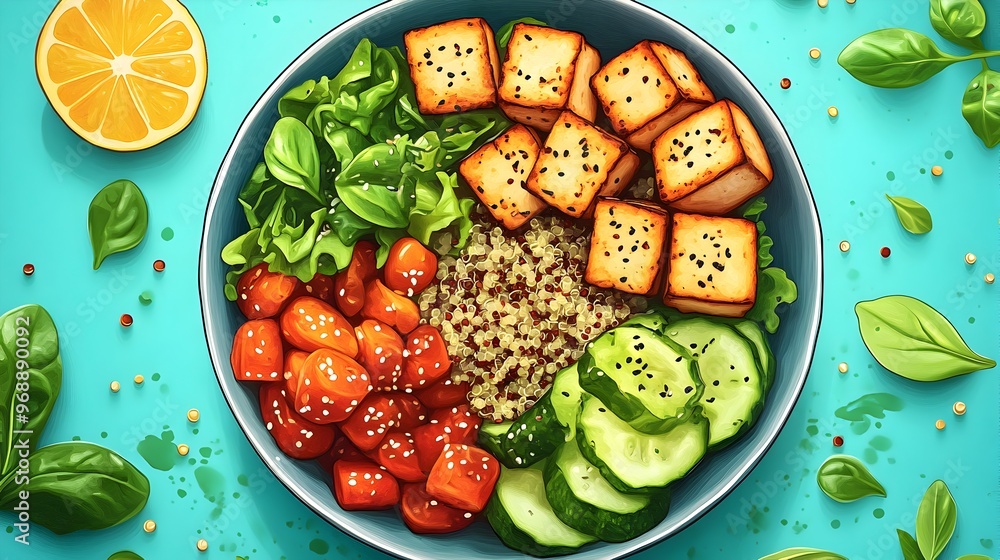 Colorful Vegan Meal with Tofu Quinoa and Fresh Vegetables on a Bowl Colorful Vegan Meal with Tofu Quinoa and Fresh Vegetables on a Bowl
