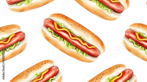 Watercolor of fresh american hot dog with mustard on color background,Social media templates,sale promotions on the Food menu,Fresh American classic hot dog with fragrant concept,banner,copy space. photo