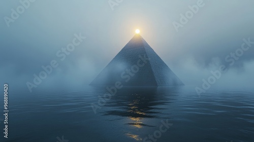 Mysterious pyramid emerging from misty water with