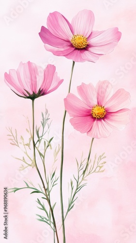 Watercolor Illustration set of Pink cosmos flowers on a white background,spring summer nature,Vibrant pink cosmos blooming,Children's card,banner,raindrops drawn by hand.