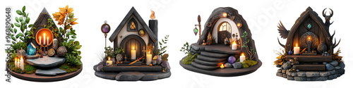 Whimsical miniature houses adorned with candles, crystals, and nature elements, perfect for creating enchanting scenes.