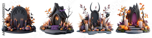 Whimsical Halloween graveyard scene with eerie houses, candles, and spooky decorations, perfect for festive celebrations.