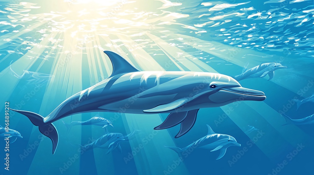 Obraz premium A pod of dolphins swims through the clear blue water, sunlight beaming down from above.