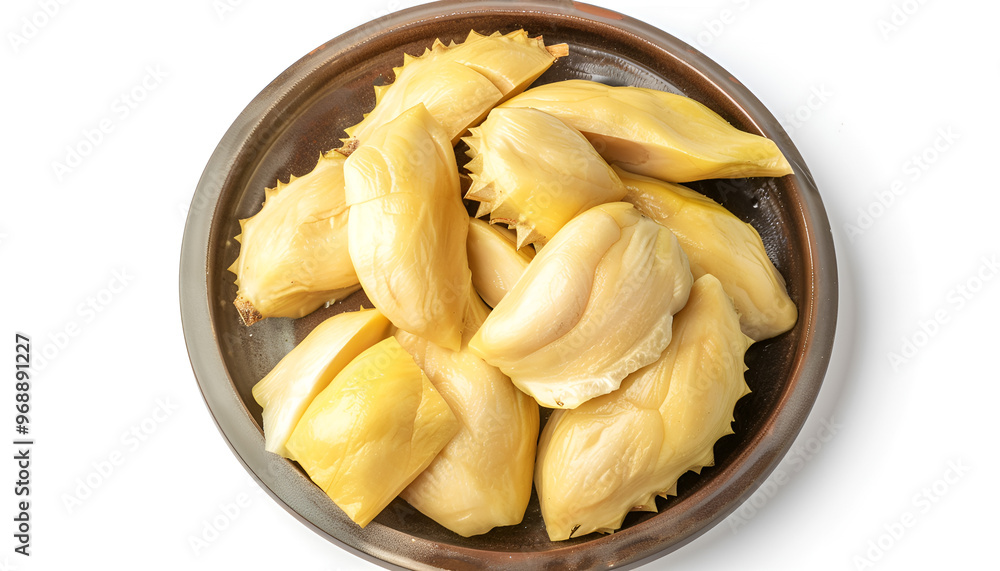 Plate with fresh ripe durian pieces isolated on white, top view Plate with fresh ripe durian pieces isolated on white, top view