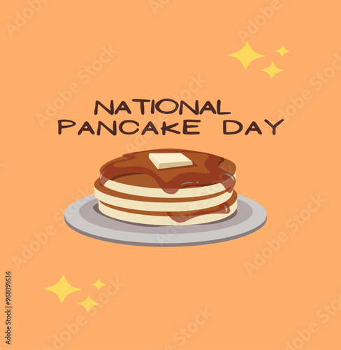 Vector illustration. Fresh tasty hot pancakes with sweet maple syrup. Cartoon icon isolated on background. Vintage restaurant sign.