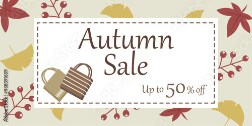 秋の紅葉の背景とショップバッグのオータムセールの広告デザイン
