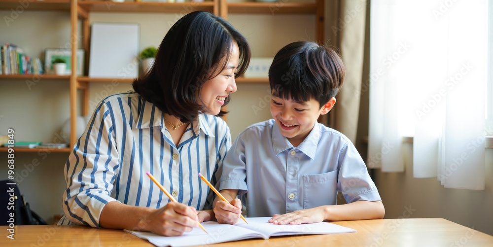 Supportive Asian Mother Assists Son with Homework After School Supportive Asian Mother Assists Son with Homework After School