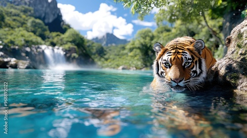 Fototapeta Naklejka Na Ścianę i Meble -  A majestic tiger enjoys a tranquil moment in clear turquoise water, situated next to a waterfall with lush greenery and striking mountains in the background.