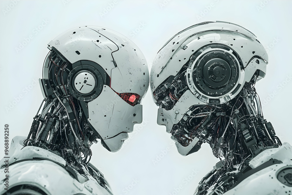 Fototapeta premium Two Advanced Robots Facing Off Representing AI Confrontation and Technological Rivalry