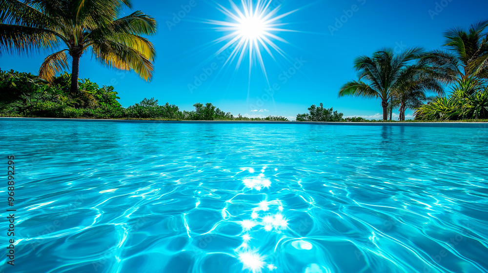 Fototapeta premium Tropical paradise with crystal clear blue water under a bright sun, surrounded by lush greenery and palm trees