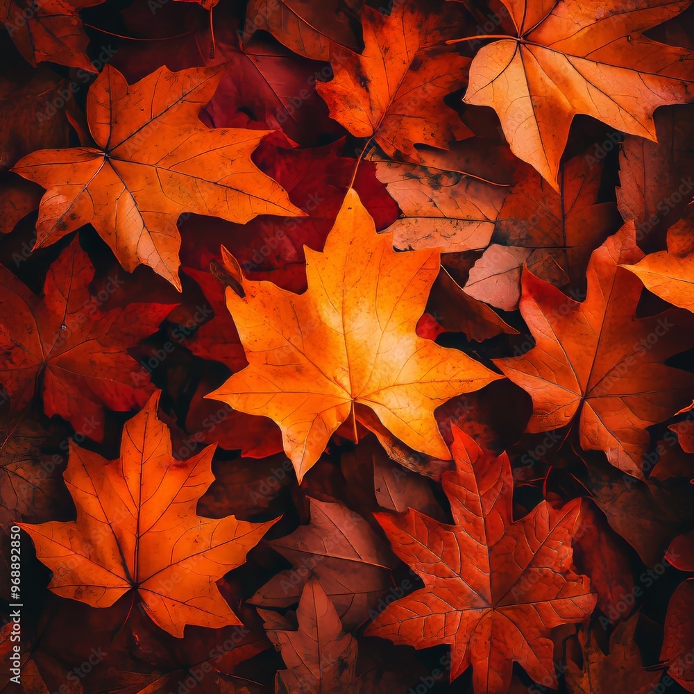 Fototapeta premium Vibrant Orange Maple Leaves, Carpet of Autumn Colors A Close-Up View of Seasonal Foliage