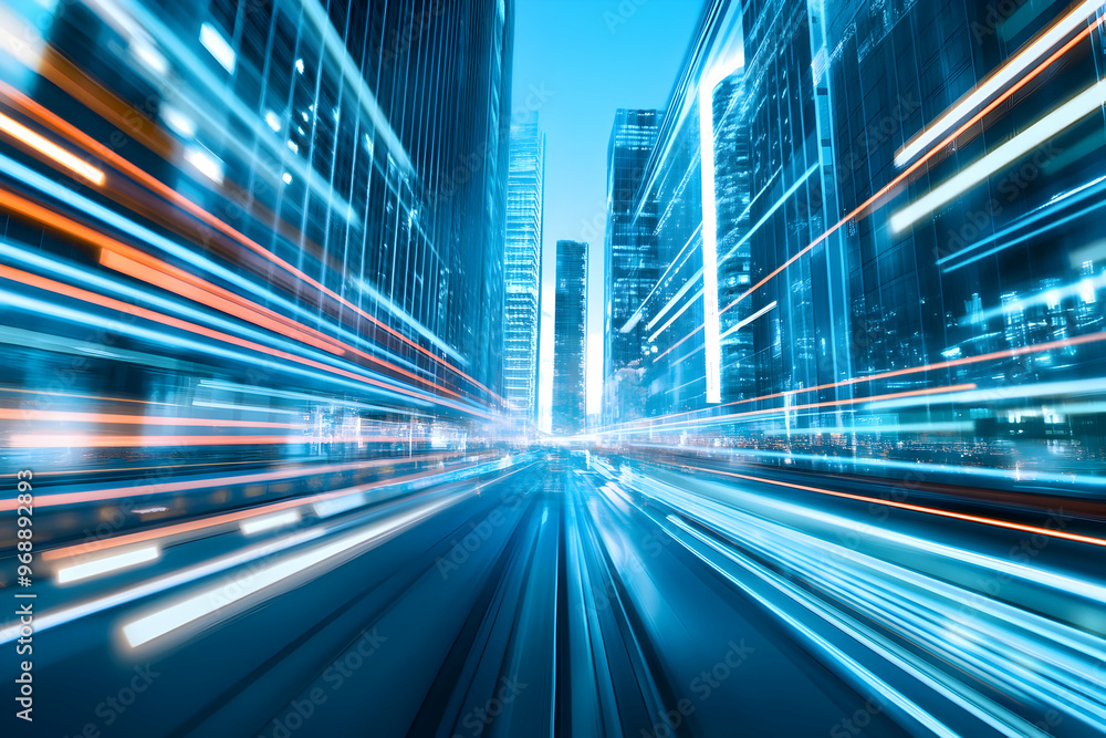 High-Speed Light Trails in Futuristic Cityscape Representing Advanced Urban Technology High-Speed Light Trails in Futuristic Cityscape Representing Advanced Urban Technology