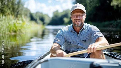 A smiling man in a casual outfit rows a small boat solo down a quiet, scenic river, surrounded by the peaceful beauty of nature, embodying tranquility and solitary contentment.