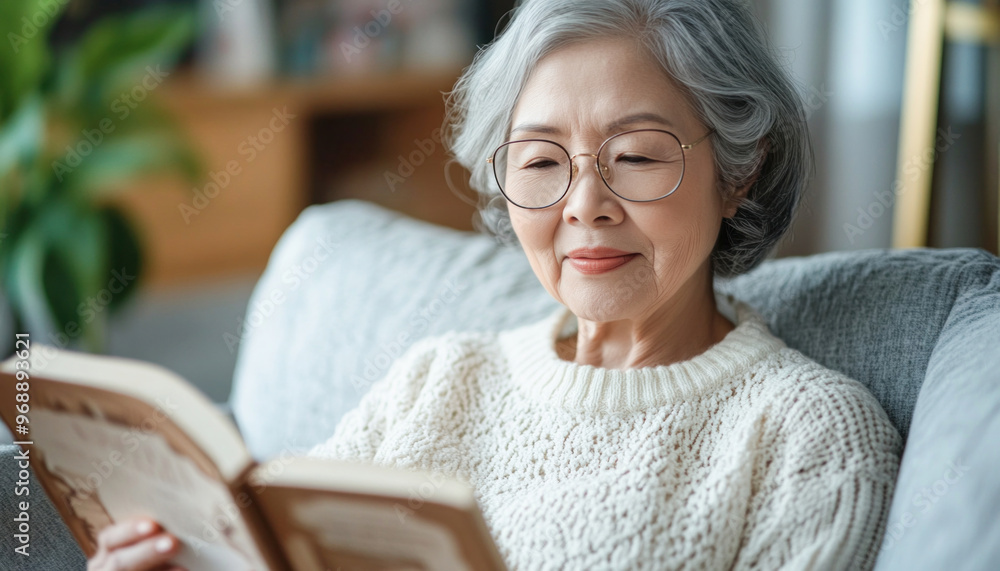 Elderly asian woman relaxing on sofa reading a book Elderly asian woman relaxing on sofa reading a book