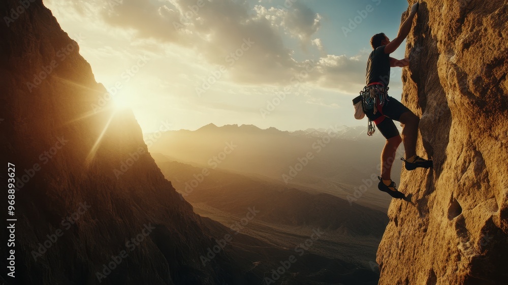 Adventurous Rock Climber Scaling a Steep Cliff at Sunset with Mountain Range in Background Adventurous Rock Climber Scaling a Steep Cliff at Sunset with Mountain Range in Background