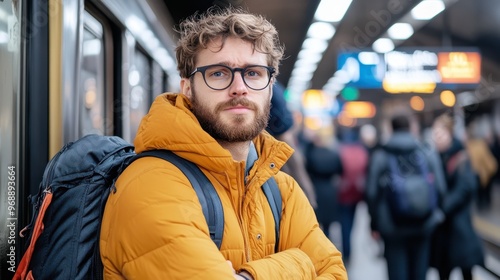 A man with glasses and a yellow jacket stands on a busy subway platform, with people and subway signs blurred in the background, exuding a sense of modern urban life.