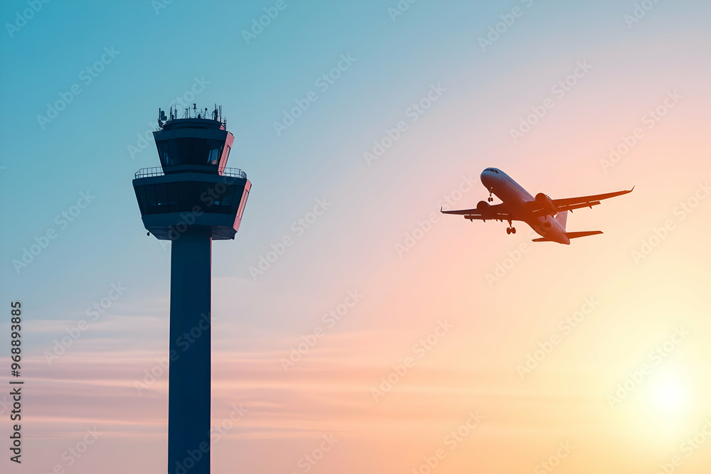Airplane Taking Off Near Control Tower at Sunrise: Aviation and Air Traffic Control Airplane Taking Off Near Control Tower at Sunrise: Aviation and Air Traffic Control