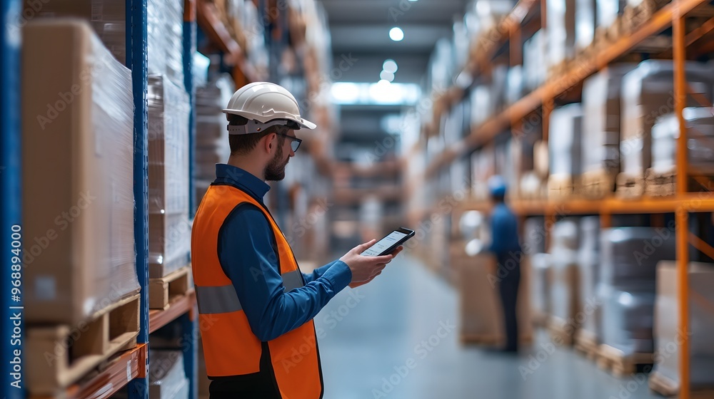 28. A warehouse with employees using handheld devices for inventory management 28. A warehouse with employees using handheld devices for inventory management