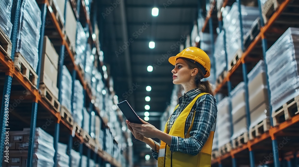 28. A warehouse with employees using handheld devices for inventory management 28. A warehouse with employees using handheld devices for inventory management