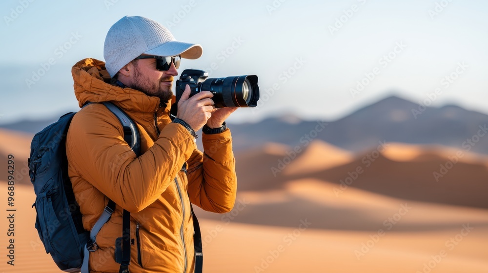 A photographer dressed warmly with a yellow jacket is focusing on capturing the scenic desert landscape with his professional camera under the calm, morning sky. A photographer dressed warmly with a yellow jacket is focusing on capturing the scenic desert landscape with his professional camera under the calm, morning sky.