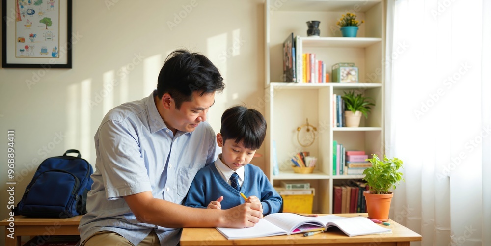 Engaged Asian Father Helps Son Study and Complete Schoolwork at Home Engaged Asian Father Helps Son Study and Complete Schoolwork at Home