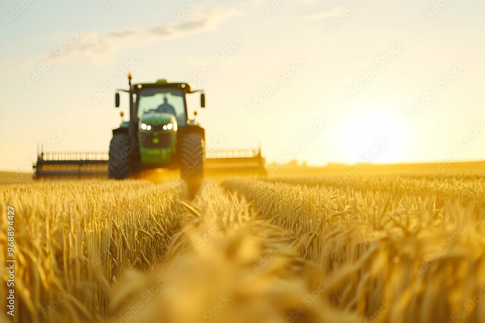 Obraz premium Agricultural Tractor Harvesting Wheat Field at Sunrise in Rural Landscape