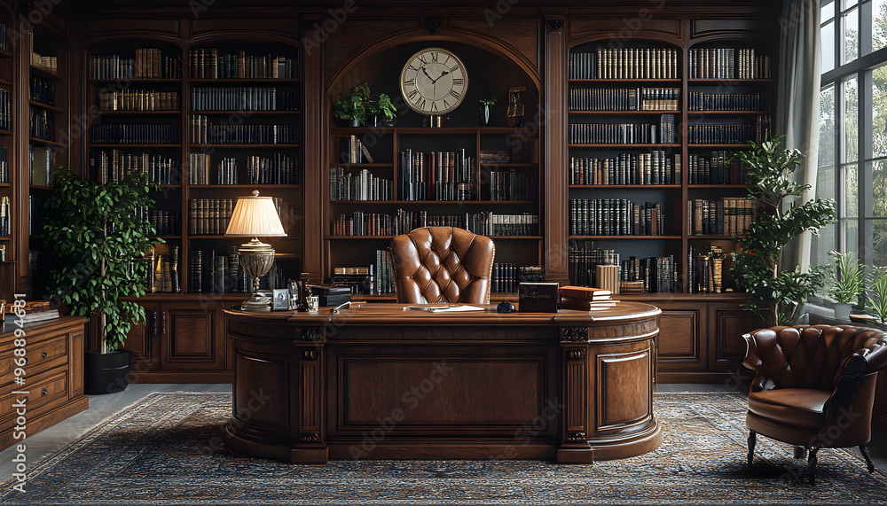 “Classic Wooden Desk with Leather Chair Surrounded by Books in a Cozy, Traditional Study Room, Showcasing Timeless Elegance, Intellectual Atmosphere, and Comfortable Workspace for Reading and Writing” “Classic Wooden Desk with Leather Chair Surrounded by Books in a Cozy, Traditional Study Room, Showcasing Timeless Elegance, Intellectual Atmosphere, and Comfortable Workspace for Reading and Writing”