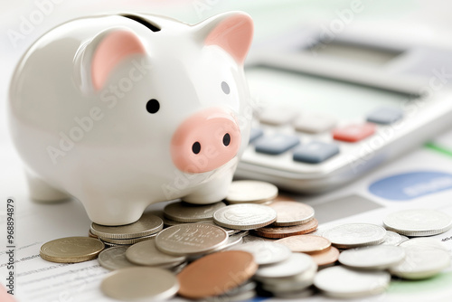 Piggy Bank and Coins on a Table