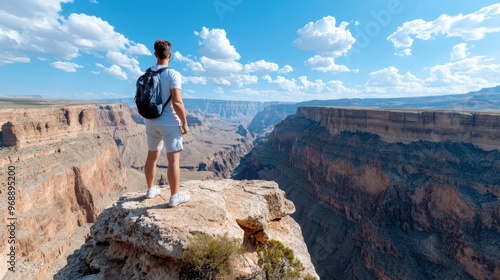 A solitary adventurer, equipped with a backpack, stands on a cliff edge, taking in the immense scale and beauty of a grand canyon under the vast, sunlit blue sky, embracing freedom.