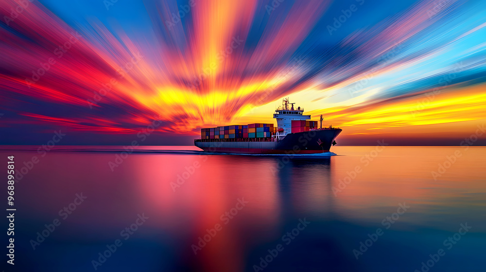 Bright streaks of color fill the sky as the cargo ship sails across a colorful horizon Bright streaks of color fill the sky as the cargo ship sails across a colorful horizon