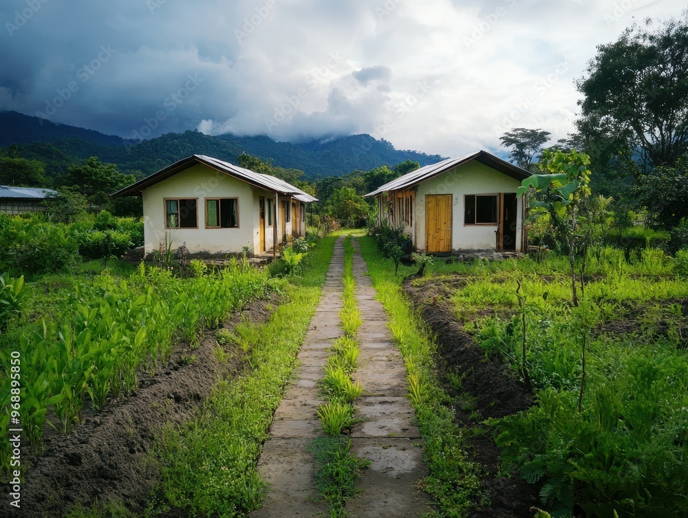 Tranquil Rural Scene with Two Small Houses Surrounded by Lush Greenery and Mountains in the Background Tranquil Rural Scene with Two Small Houses Surrounded by Lush Greenery and Mountains in the Background