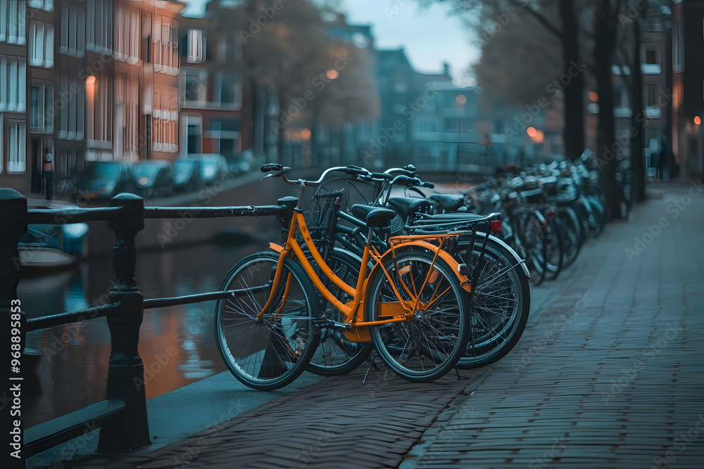 Yellow Bike Parked by Canal in European City Yellow Bike Parked by Canal in European City