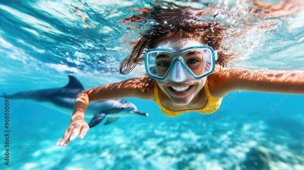 Naklejka premium A young woman in snorkeling gear enjoys swimming underwater with a friendly dolphin, captured in a vibrant and clear aquatic environment filled with joy and adventure.