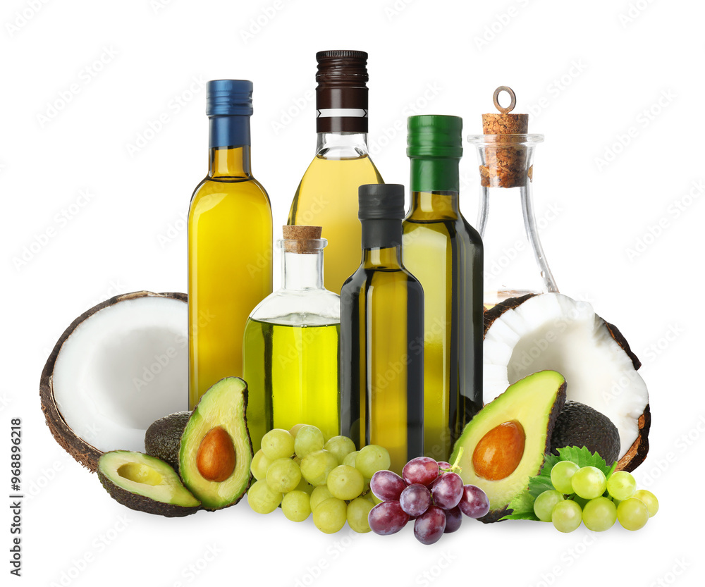 Vegetable fats. Set of different oils and ingredients isolated on white Vegetable fats. Set of different oils and ingredients isolated on white