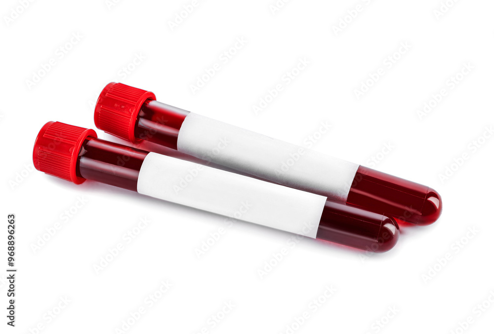 Blood in test tubes with blank labels on white background. Medical analysis Blood in test tubes with blank labels on white background. Medical analysis