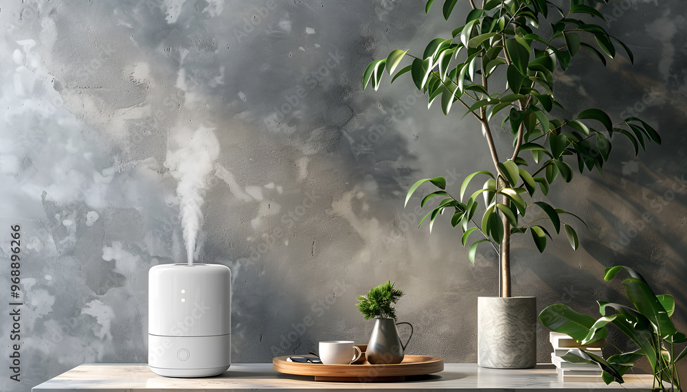 Air humidifier near houseplant against grey wall Air humidifier near houseplant against grey wall