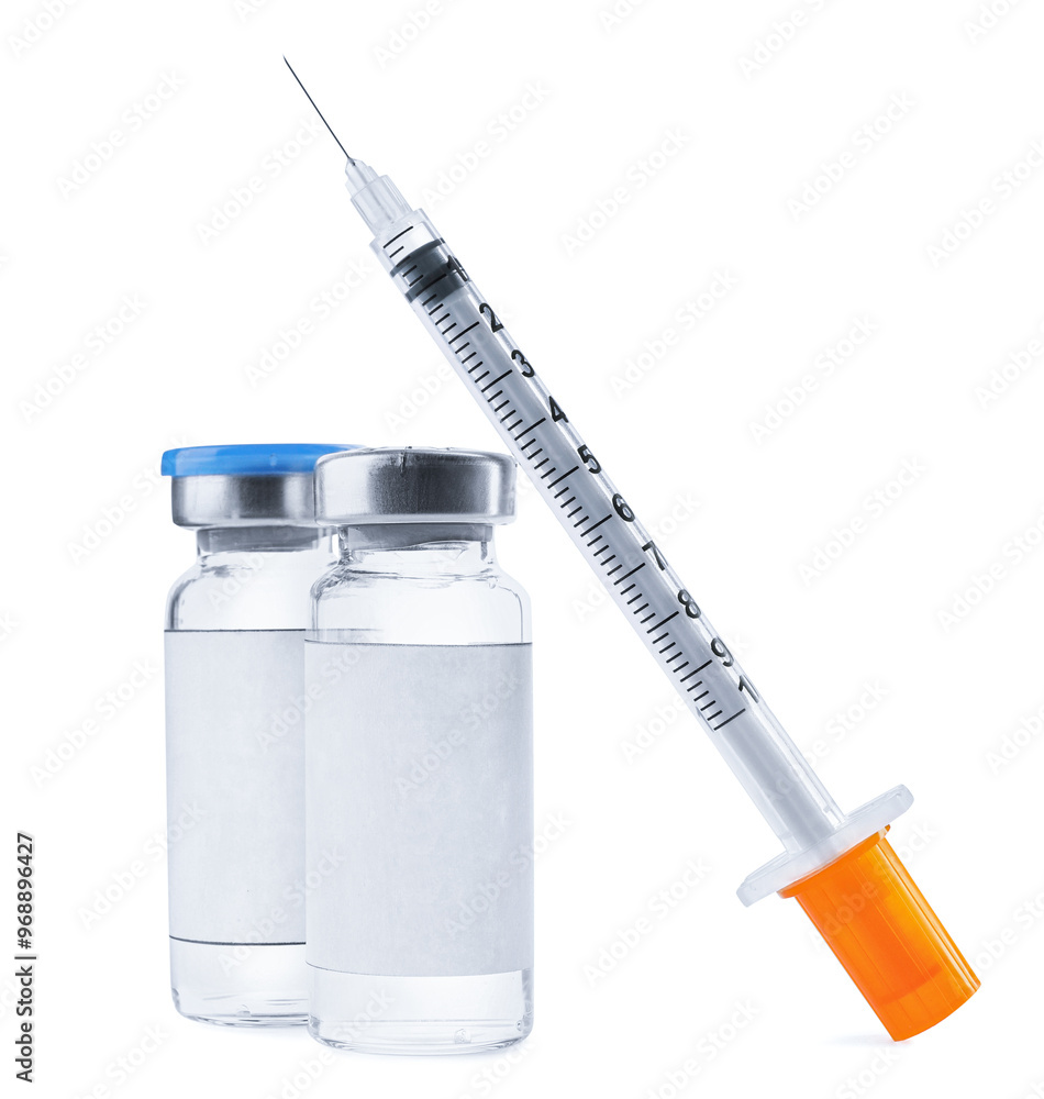 Medication in glass vials with blank labels and syringe on white background Medication in glass vials with blank labels and syringe on white background