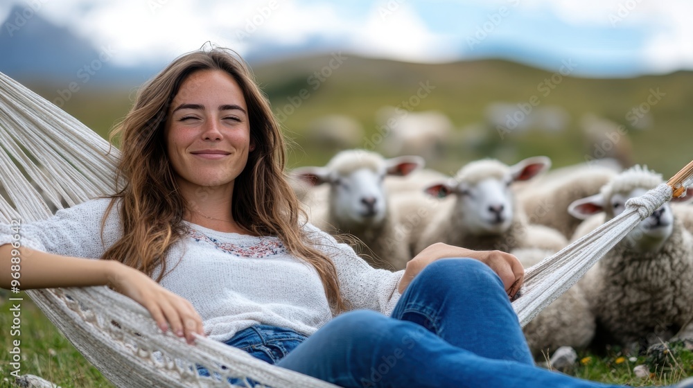 A content woman lounges in a hammock amidst a flock of sheep in a verdant field, capturing a peaceful and joyful blend of nature and relaxation. A content woman lounges in a hammock amidst a flock of sheep in a verdant field, capturing a peaceful and joyful blend of nature and relaxation.
