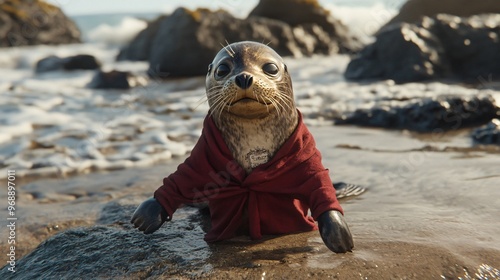 a seal wearing clothes and playing on the beach photo