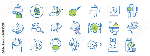 Gastroenterology line icon set. Liver, gallbladder, pancreas, gluten free diet, diarrhea, feces, ct, gastroenterologist, digestion, ultrasound, ulcer, duodenum, bile vector illustration.