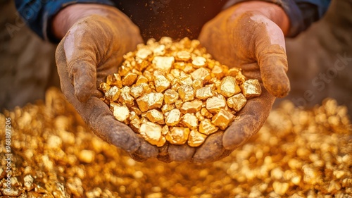 Close-up of gold nuggets being sifted through by a miner s hands, Gold mining, raw material, wealth photo